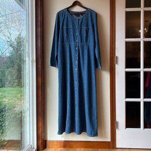 VTG 90s Denim Maxi Dress Button Front Long Sleeves Fit Flare XL Modest Prairie